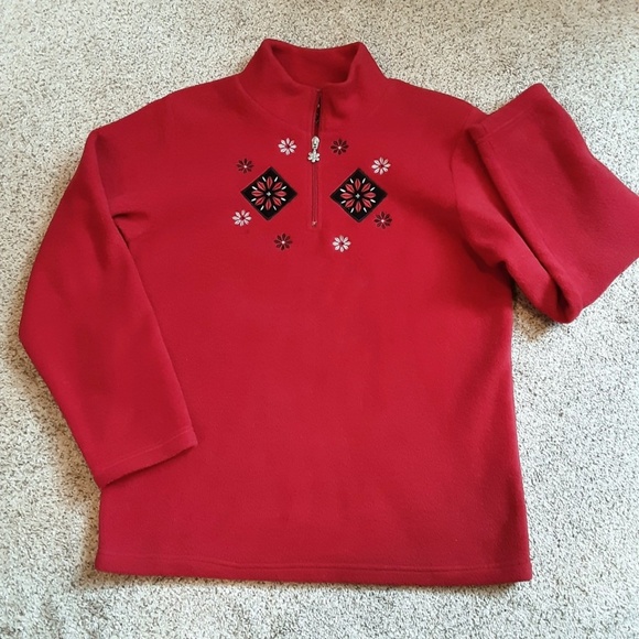 Red Fleece 1/4 Zip Pullover Embroidered Applique Snowflakes Size S - Picture 10 of 10